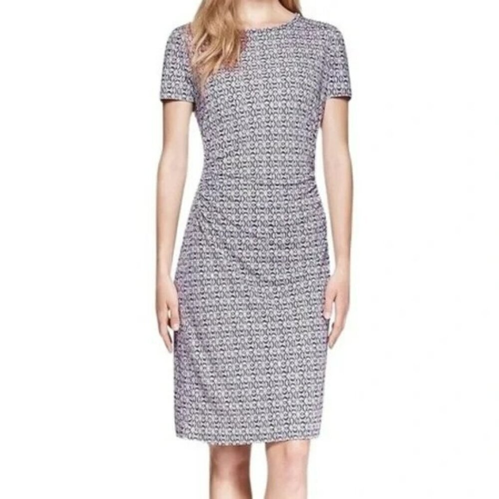 Tory Burch Silk Myrtle Ruched Sheath‎ Dress Black Purple Beige Print Size Small